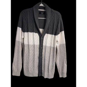 Mens Medium Color Block Cable Knit Grandpa Çardigan